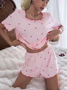 CottageSlumber Pink Heart Ribbed Knit Loose Fit Short Sleeve & Shorts Pajama Set For Women - Pink - View 5