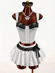 Mistrie Áo hai dây chấm bi dáng ngắn, áo hai dây ôm sát, áo tank top hai dây cho nữ. - trắng - Xem 1
