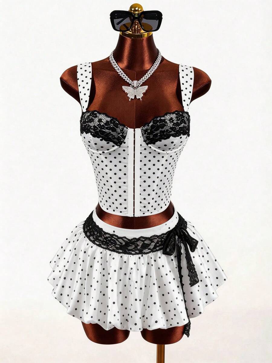 Mistrie Áo hai dây chấm bi dáng ngắn, áo hai dây ôm sát, áo tank top hai dây cho nữ. - trắng - Xem 1