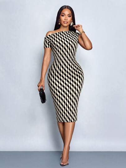 SOLERSUN Women's Elegant And Simple Wavy Print One-Shoulder Midi Dress For Spring And Summer. A Versatile Piece Suitable For Street Style, Holiday Business Casual, Everyday Wear, And Elegant And Comfortable For Vacations And Parties.