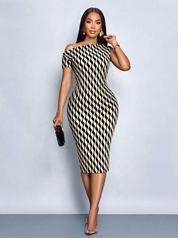 SOLERSUN Women's Elegant And Simple Wavy Print One-Shoulder Midi Dress For Spring And Summer. A Versatile Piece Suitable For Street Style, Holiday Business Casual, Everyday Wear, And Elegant And Comfortable For Vacations And Parties.