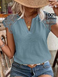 SHEIN Frenchy Áo thun trơn màu mùa hè với họa tiết ren và cổ chữ V. Chất liệu ren tan trong nước, cotton tre, thoải mái và thoáng khí, thích hợp mặc hàng ngày, đi làm, đi nghỉ mát, phong cách cottagecore, mùa cưới. - Màu xanh lam - Xem 7