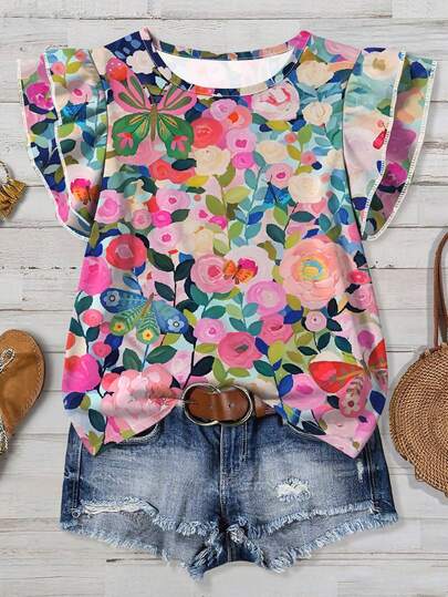 EMERY ROSE 大码油画纹理印花衬衫，春夏款