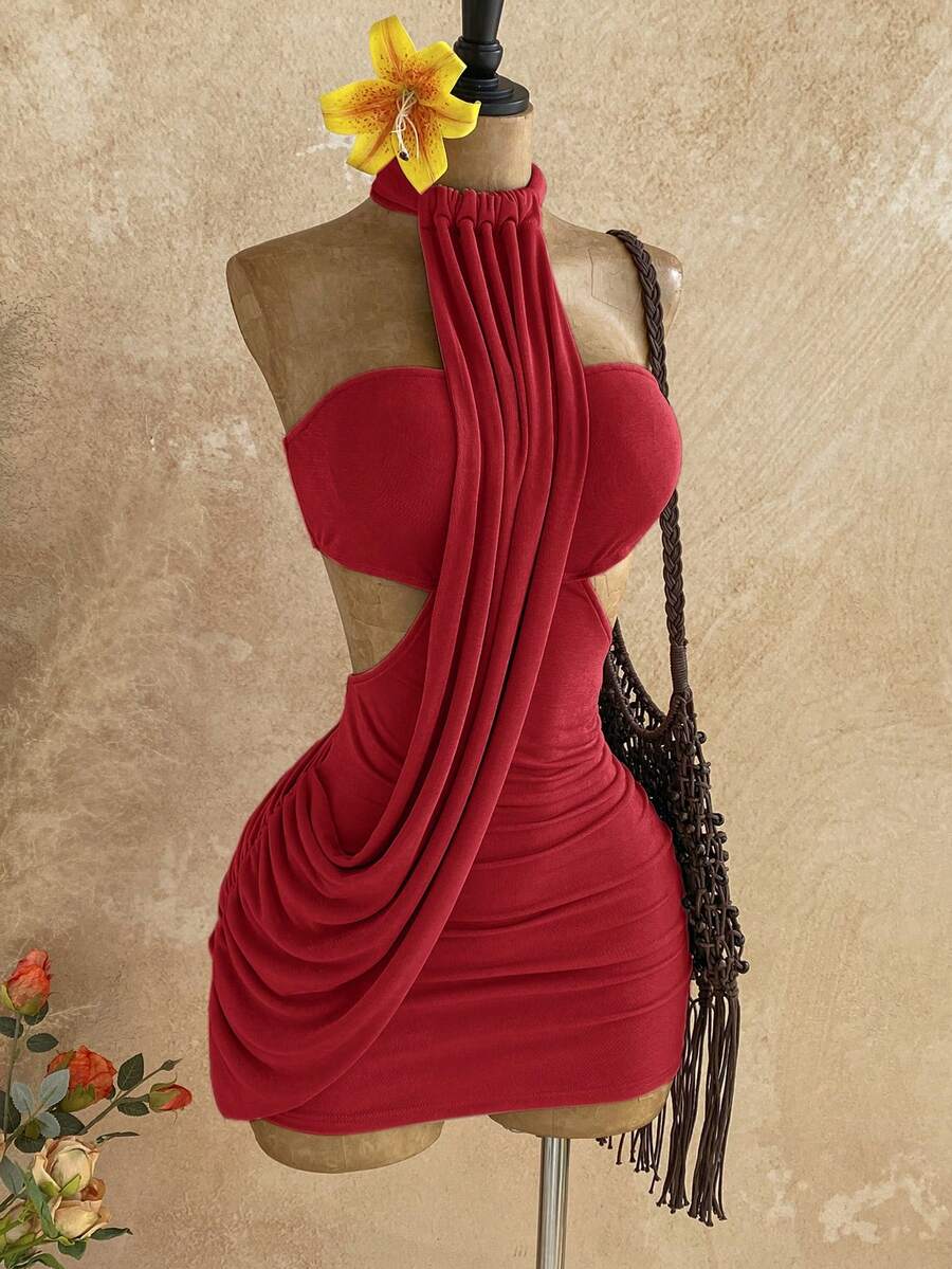 Soleia Đầm mini ôm sát dáng suông bất đối xứng thắt nơ dành cho nữ mùa xuân/hè, thích hợp cho các buổi hẹn hò, tiệc vườn, tiệc trà, cắm hoa, phong cách boho, kỳ nghỉ, vintage, lễ hội. - Đỏ - Xem 1