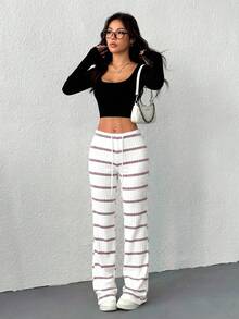 SHEIN EZwear 女士休闲紫色撞色条纹罗纹抽绳腰裤，适合春秋季穿着 - 紫色 - 查看 4