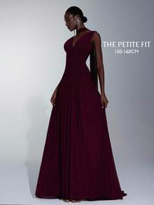 Elitara Petite Elegante falda acampanada de línea A con cuello en V de malla brillante burdeos fruncida (con pieza colgante de gasa desmontable), adecuada para citas, fiestas de solteros, bodas, eventos, vestidos de dama de honor - Granate - Ver 7