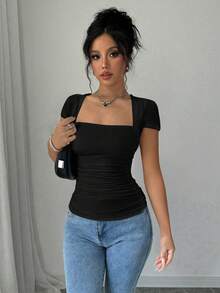 Rafferiza Áo thun nữ màu đen ôm sát, cổ chữ U, xếp ly, chất liệu cotton co giãn cao, thích hợp cho mùa xuân/hè. - màu đen - Xem 5