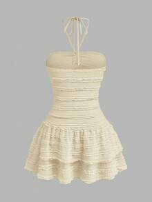 Sweetra Plus Size Women's Beige Summer Cute Vacation Wedding Guest Holiday Dress,Vintage Textured Backless,Double Layered Ruffle Hem,Pleated Style - Apricot - View 2