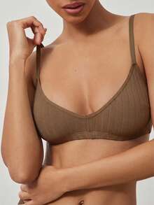 Ocili 100% Cotton Ribbed Comfortable Basic Minimalist Underwear, EasyComfort ChicAutumnCasual Women's Bra - Khaki - View 6