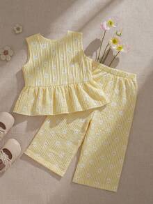 Souflis Souflis 2 piezas Conjunto de niña bebé con blusa de cuello redondo sin mangas plisada de color amarillo claro, top con decoración de lazo y pantalón de cintura elástica, cómodo y lindo para primavera, verano y otoño - Amarillo - Ver 3