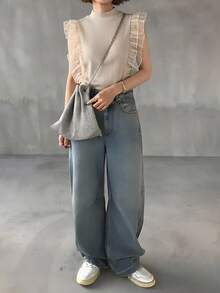 FRIFUL Camiseta sin mangas de mujer con cuello alto acanalado, con recorte de volantes de malla y parches - Beis - Ver 2