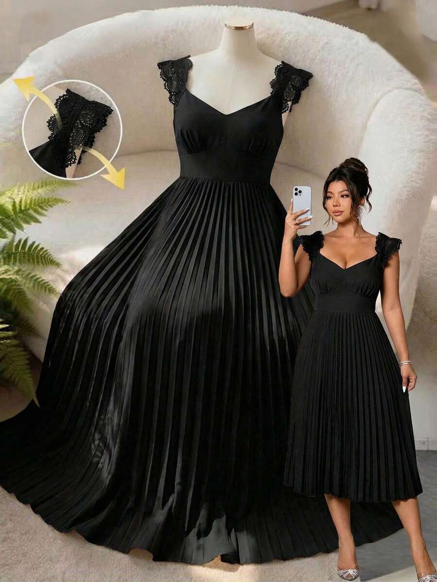 GlowEve CURVE Đầm midi dáng chữ A eo cao cổ chữ V tay bồng phối họa tiết dành cho nữ cỡ lớn, đầm midi xếp ly eo cao màu đen thời trang, đầm xếp ly dây đeo vai kiểu retro dành cho nữ đi làm, đi chơi, dự tiệc tối, lễ tốt nghiệp, hẹn hò hoặc cuối tuần, đầm nữ trang trọng, đầm dự tiệc cổ điển thanh lịch, đầm xếp ly cho nữ - màu đen - Xem 1