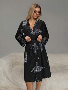 HautHeat 女士动物纹打结腰身休闲家居服睡袍 - 黑色 - 查看 6