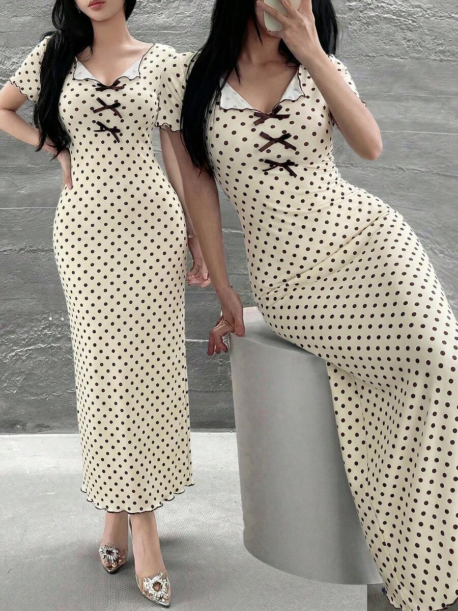 Feyla 女士蝴蝶结装饰波点印花修身中长连衣裙
