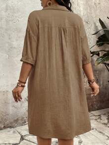 SHEIN Holidaya Plus Size Women Solid Color Drop Shoulder Single-Breasted Casual Shirt Dress Linen Outfits For Women Linen Dress For Women Casual Outfit For Women Dress - Brown - View 2