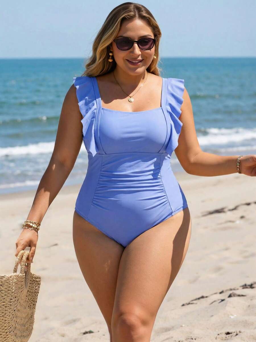 Swim Lushoire Plus Size Women's Sexy Solid Color Square Neck Ruffle Armhole Open Back Tie Front One-Piece Swimsuit, Suitable For Beach & Holiday - Multicolor - View 1