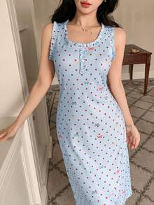 DAZY Sweet Polka Dot Bow Tie Print Ruched Flounce Decor Sleeveless Cinched Waist Dress, Summer Sleepwear For Women - Baby Blue - View 5