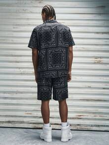 Modcrash Men's Paisley Print Short Sleeve Shirt And Shorts 2 Pieces Set With Single-Breasted Button, Elastic Waist Drawstring And Pockets , Retro American, Unisex, Relaxed Fit Summer Outfits – Suitable For Everyday Wear And Summer Holiday Outfits. - Black - View 2