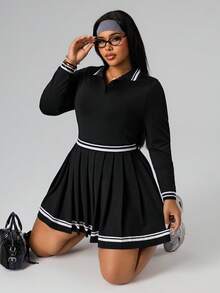 Rhythm Era Đầm polo cổ bẻ kẻ sọc tương phản cỡ lớn, kiểu dáng thường ngày. - Đen và trắng - Xem 7