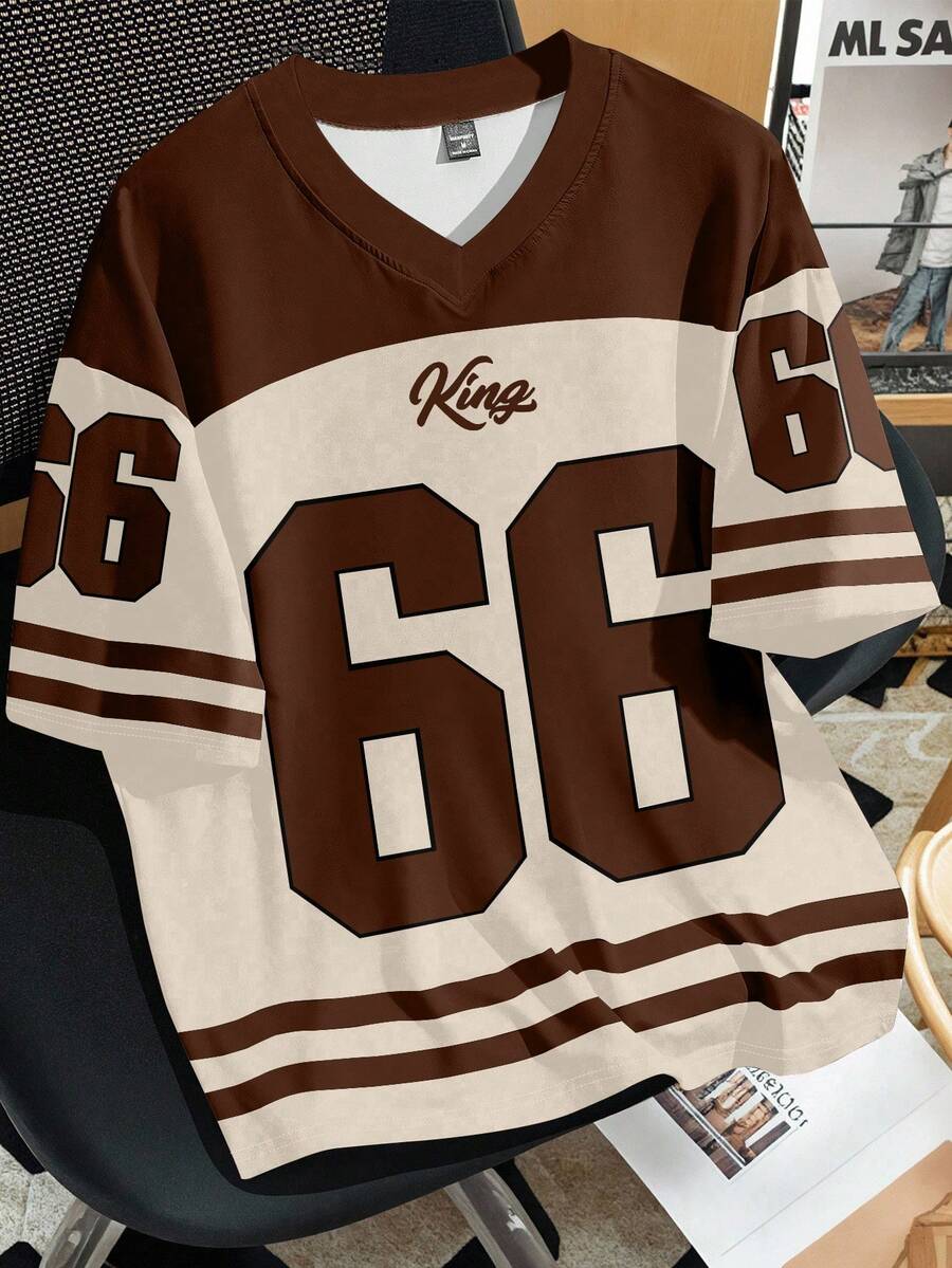 Manfinity Campus Court Plus Size Men's Contrast Color Patchwork Numeric Print T-Shirt - Multicolor - View 1