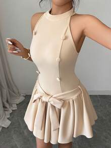 Elenzga Vestido mini de unicolor francés para dama gentil con cuello mao, cintura ceñida, falda plisada y acampanada, cinturón con lazo y botones decorativos, elegante, cómodo y romántico para uso diario y vacaciones - Caqui - Ver 7