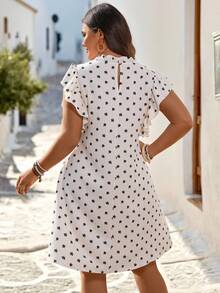EMERY ROSE Plus Size Ruffled Collar Ditsy Floral Midi Dress,Soft French Style Cream White Summer,Boho,Elegant,Vacation,Holiday,Black And White Short Sleeve - Apricot - View 2