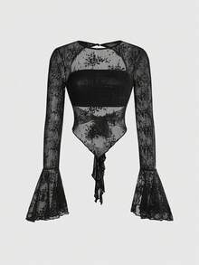 Sweetness Sexy Lace Sheer Hem Backless Flare Sleeve Top For Women - Black - View 3
