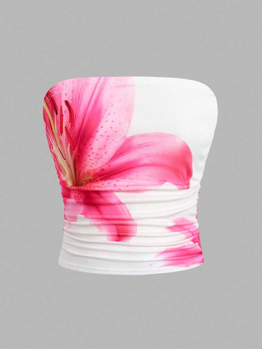 SHEIN Áo tank top dáng ôm thoải mái họa tiết hoa dành cho thiếu nữ - trắng - Xem 1