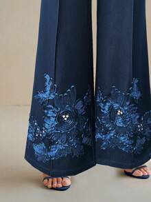 Anewsta Damen modische elegante Hose mit floraler Stickerei und Bündchen-Vorderseite - marineblau - Übersicht 5