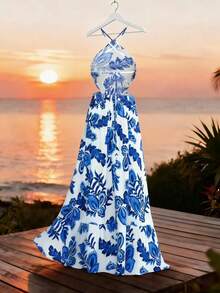 GlowEve 蓝色印花露背系带连衣裙，适合度假穿着。 - 藍色 - 查看 2