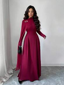 Rafferiza Petite 优雅都市时尚拼接雪纺高领长袖A字廓形金属胸针装饰法式优雅连衣裙，适合毕业派对、节日活动、度假、约会、婚礼、秋冬季等场合。 - 酒紅色 - 查看 6