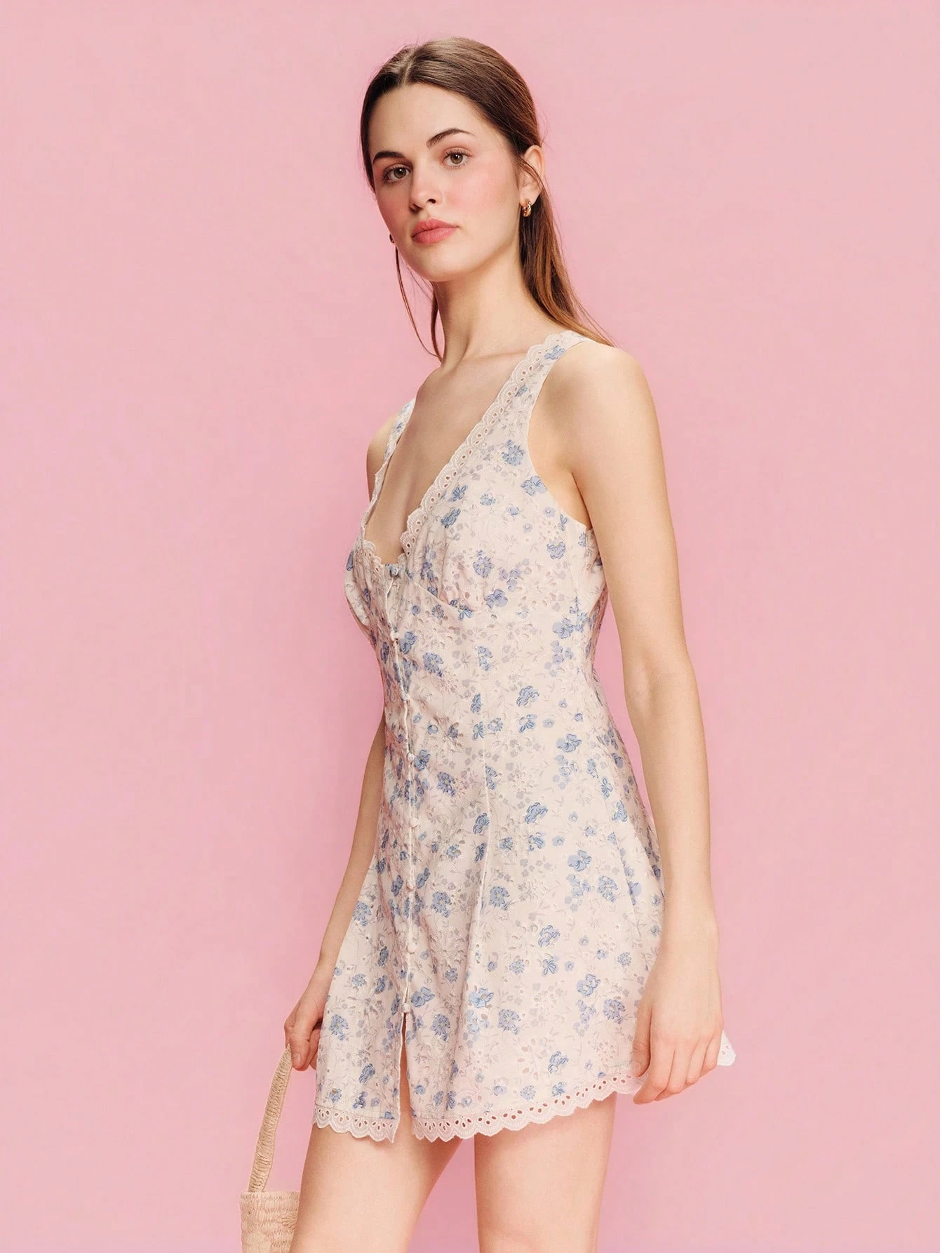 White Embroidered Mini Dress With Blue Floral Print, V-Neckline, And Flared Skirt Cute Dress Spring Summer Vacation Dress Holiday Dress French Style Parisian Style Floral Print Sundress Sleeveless Dress Lace Trim Dress