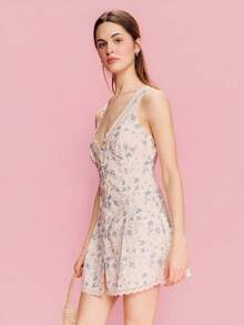 lacRébo Đầm ngắn màu trắng thêu họa tiết hoa xanh, cổ chữ V, chân váy xòe, kiểu dáng dễ thương, thích hợp cho mùa xuân hè, đi nghỉ mát, phong cách Pháp, Paris. - trắng - Xem 6