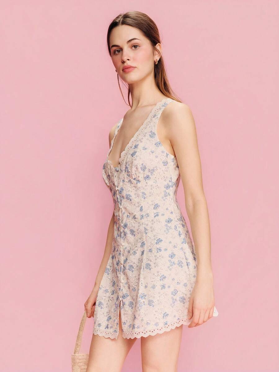 lacRébo Đầm ngắn màu trắng thêu họa tiết hoa xanh, cổ chữ V, chân váy xòe, kiểu dáng dễ thương, thích hợp cho mùa xuân hè, đi nghỉ mát, phong cách Pháp, Paris. - trắng - Xem 1