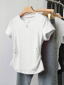 Young Girl 5-Piece Set,Casual Minimalist Ruffle Sleeve Crew Neck Solid Color Short Sleeve T-Shirt,White,Pink,Summer,School,Back-To-School,Spring Vibes - Multicolor - View 10