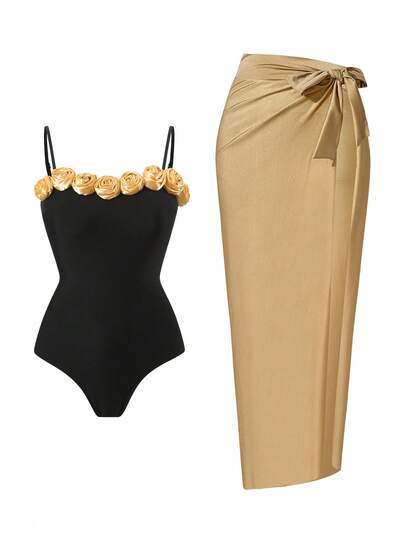 Swim Oasis Spring/Summer New One-Piece Swimsuit, Black With Gold 3D Floral Decor Monokini And Gold Shiny Nylon Fabric Side Tie Maxi Skirt 2-Piece High-End Set, OASIS, Suitable For Beach, Swimming Pool, Resort, Party