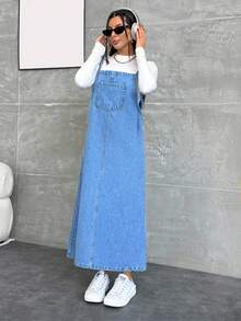 Women's Casual Loose Pocket Design Denim Pinafore Dress - Medium Wash - View 6