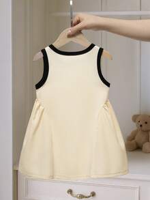 Souflis Souflis Vestido Casual Esportivo de Tricô Branco Creme para Bebê Menina, Emenda Assimétrica em Contraste de Cor, Adequado para Brincadeiras de Verão, Casa, Férias, Doce e Fofo - Damasco - Visão 2