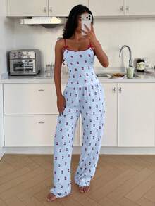 ZzzCrew 2pcs Contrast Trim Camisole & Shorts Pajama Set, Cherry Print Knit Sleepwear For Women - Multicolor - View 5