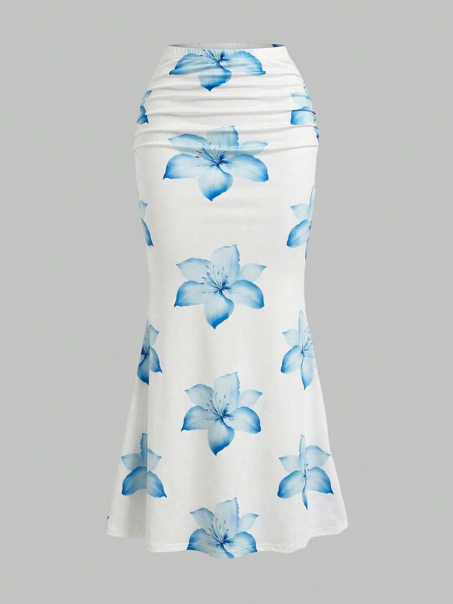 Rometta Körperbetonter Fischschwanz-Rock mit Blume Muster, elastisch, neuer französischer eleganter und vielseitiger Rock mit Designdetails, schicker reifer Fischschwanz-Rock für Frauen - Babyblau - Übersicht 1