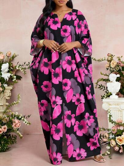 Fleurora Spring And Summer Casual Elegant Boho Casual Outing Beach Colorful Rose Red Woven Notched Ball Gown Split Batwing Sleeve Long Short Sleeve Plus Size Dresses Plus Size Women Elegant All-Over Allover Print Long Dress Summer Dresses Summer Outfits For Women Summer Clothes Summer Outfits Beach Dress Beach Outfit For Women Casual Dresses For Women Casual Dresses Vacation Outfits Women Holiday Outfits For Women Vacation Dresses Vacation Dress Holiday Dresses Floral Dress Floral Dresses For Women