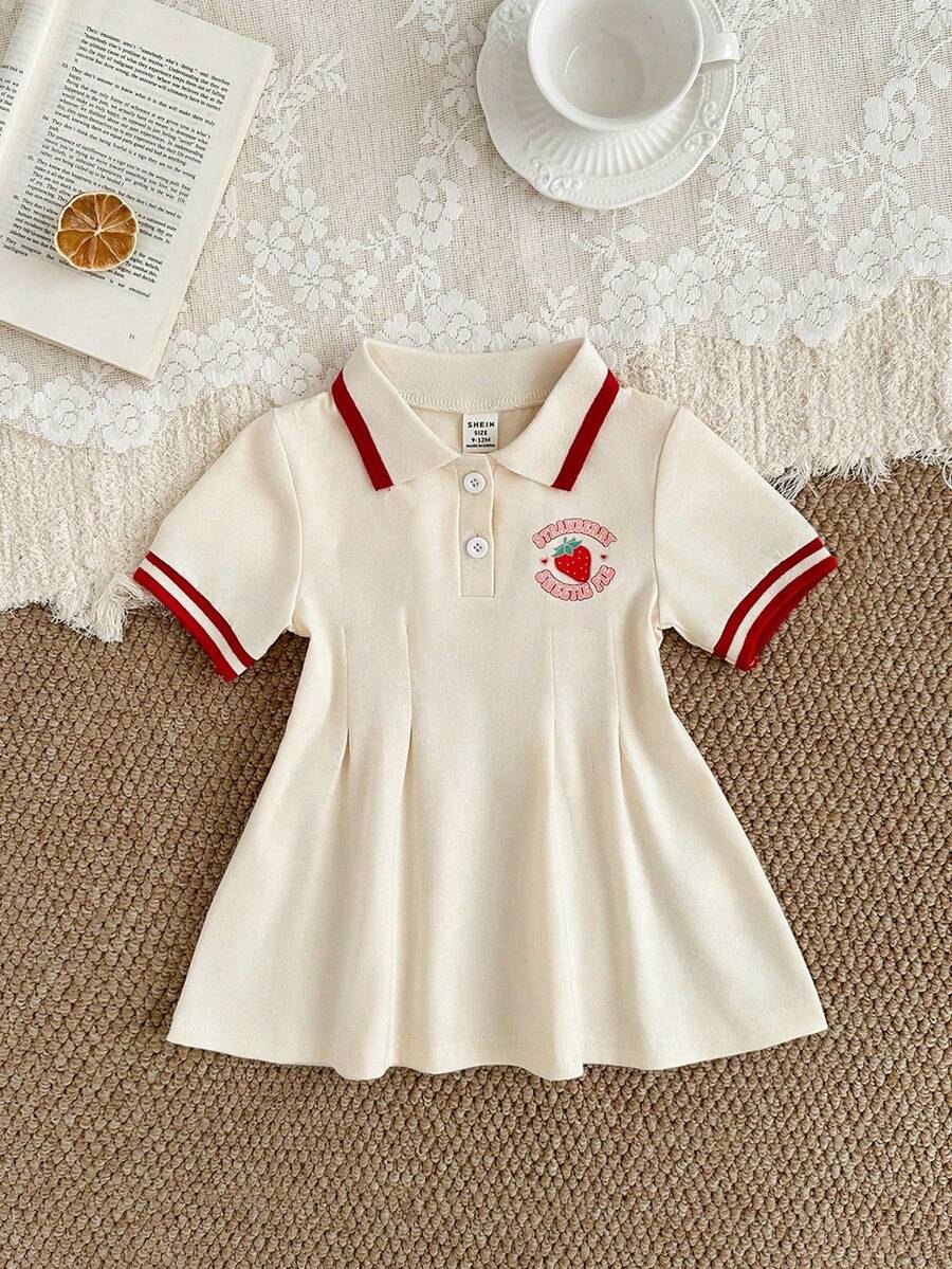 SHEIN 女嬰夏季可愛紅白對比色 Polo 休閒洋裝 草莓刺繡針織面料 返校畢業派對穿搭