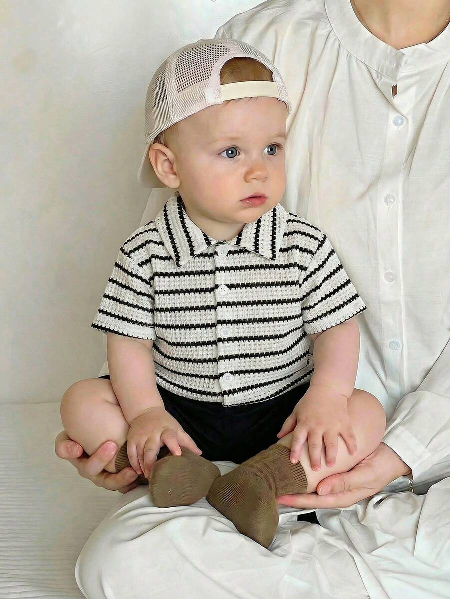 LMoss Kids Baby Boy White French Fry Striped Short Sleeve Shirt, Summer - Black and White - View 1
