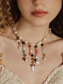 Opalesca Ladies Fashion Necklace, Premium/Elegant/Noble/Everyday/Minimalist, Pearl/Crystal, Summer/Beach/Prom/Party/Vacation/Vacation, Engagement/Wedding/Commitment, Bride, Heart/Floral, Fairy/Mermaid Style (Random Bead Color, Random Stone Shape) - Multicolor - View 7