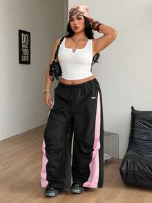 Coolane 大码撞色阔腿裤 - 黑色 - 查看 3