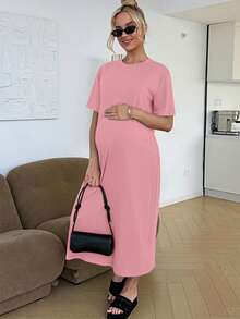 Slowluna Pregnant Women Solid Color Round Neck Short Sleeve Casual Dress - Pink - View 8