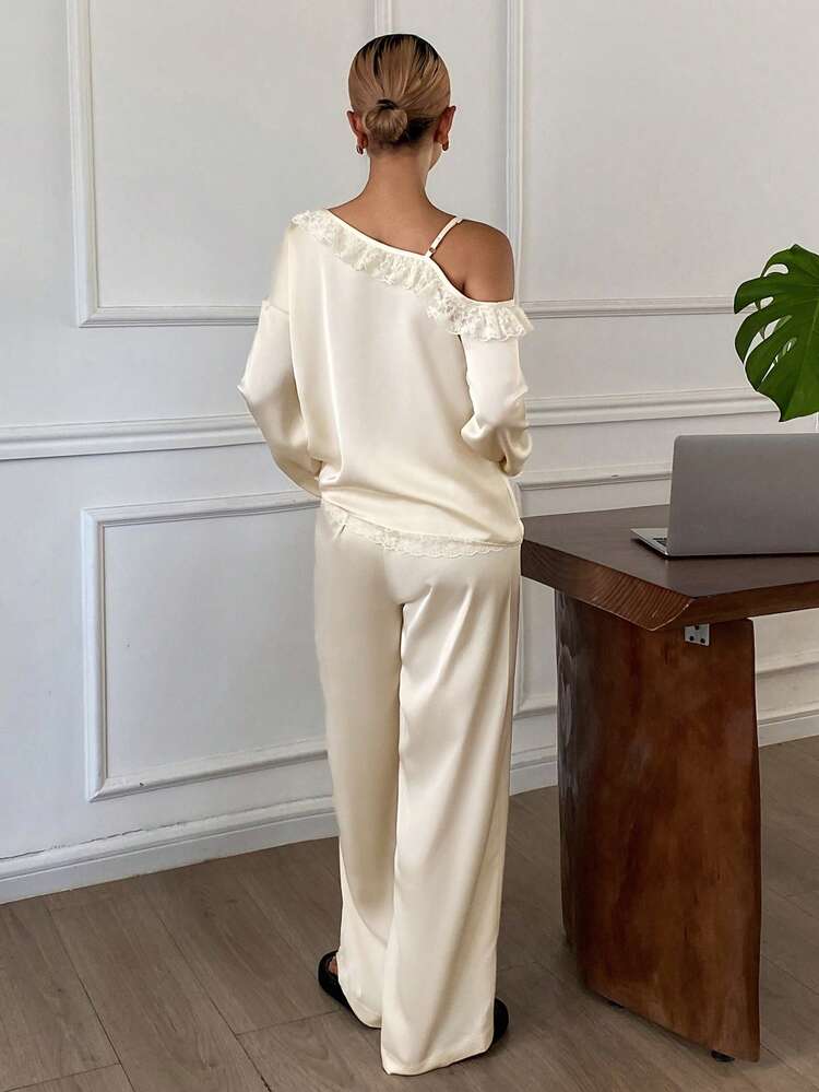Women's Lace Patchwork Satin Oblique Collar Pajama Set, Suitable For Spring And Autumn