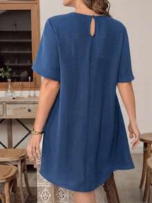 SHEIN Essnce Plus Size Women's Summer Casual Everyday Dark Blue Short Sleeve Dress,Loose Comfortable Fashion Ruffles Basic Dress,Old Money Style Church Work Outfit - Blue Day - View 2