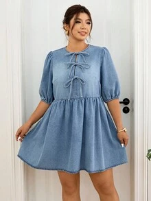 Lounesse Plus Size Women Light Blue Denim Mini Dress,Tie Front Puff Sleeve Round Neck Ruched Ruffle Hem Summer Casual Everyday Outfits,Y2K Vintage Date Dress - Blue - View 4