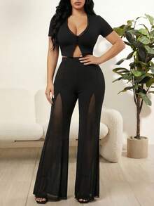SHEIN SXY Quần ống rộng dáng suông thoải mái, phối nhiều mảnh vải xuyên thấu - màu đen - Xem 4